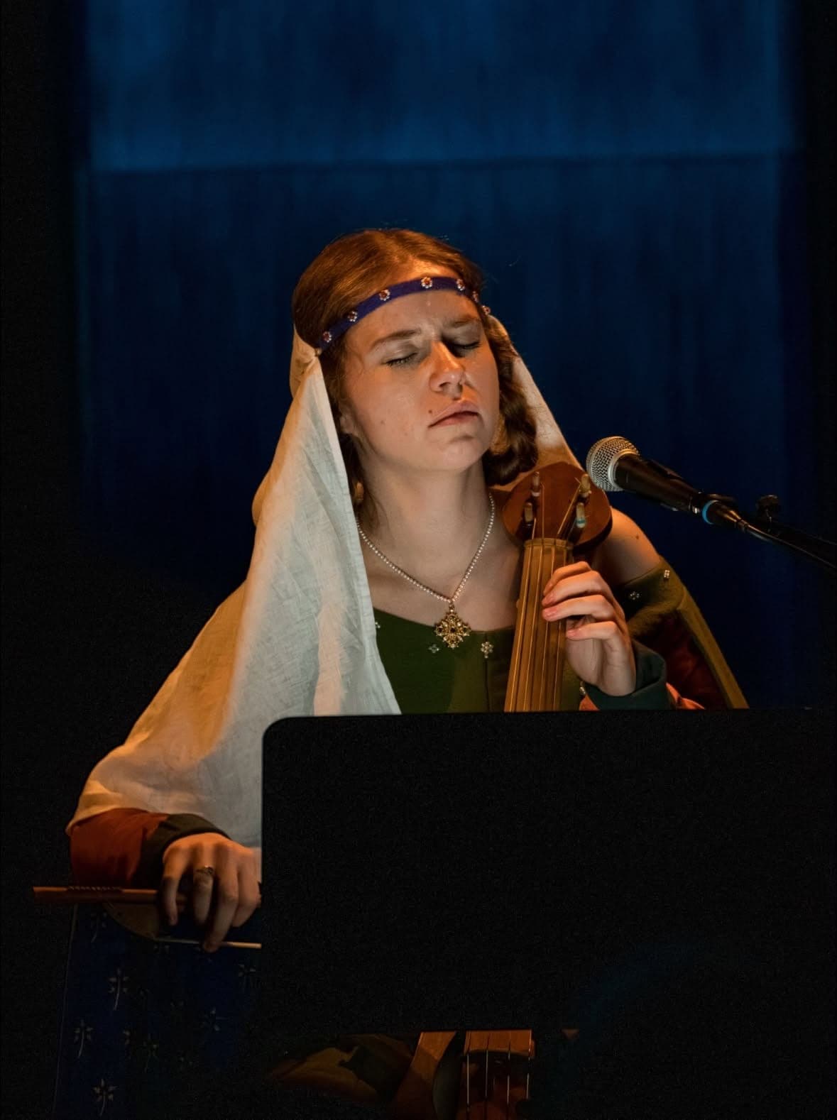 Musician playing the vielle in concert